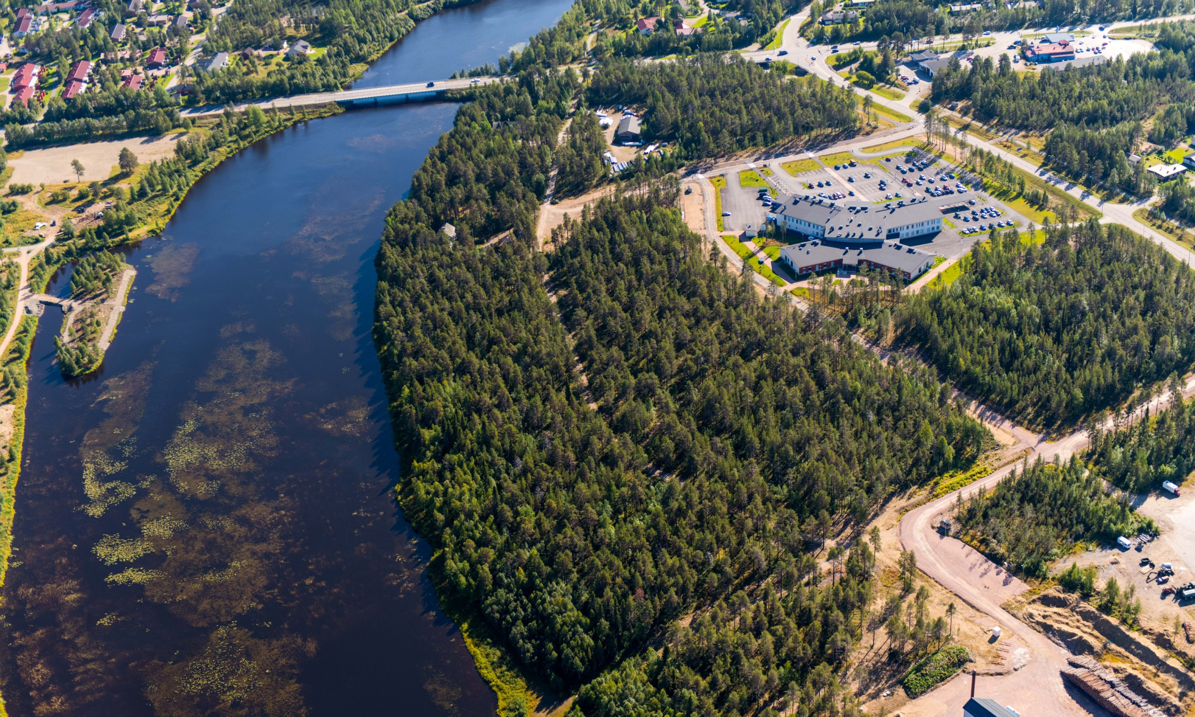 Metsävainion alue dronekuva ilmasta jokinäkymällä