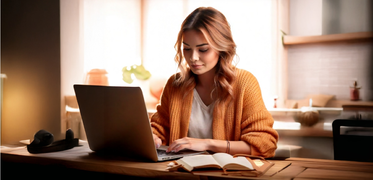 Henkilö työskentelee tietokoneella kotona. Taustalla ikkunat joista tulee valoa sisälle. AI generoitus kuva.